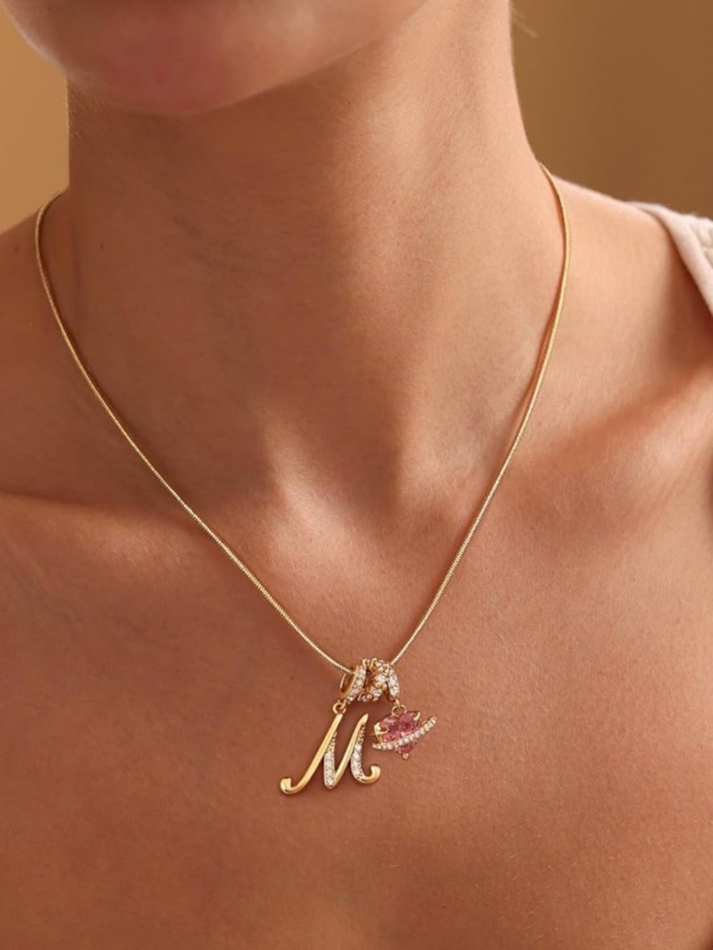 Necklace-Letter M 14K Gold Plated Initial Necklace, Pink Heart Pendant
Heart-sha